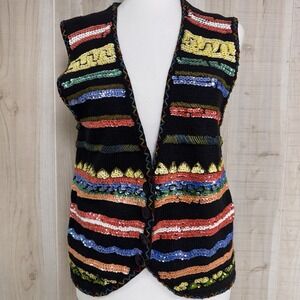 VTG Gantos Womens Black Beaded Knit Sweater Vest 80s Boho Festive Colorful Sz S